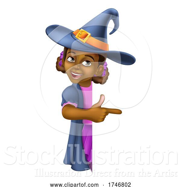 Vector Illustration of Black Girl Child Halloween Witch Sign