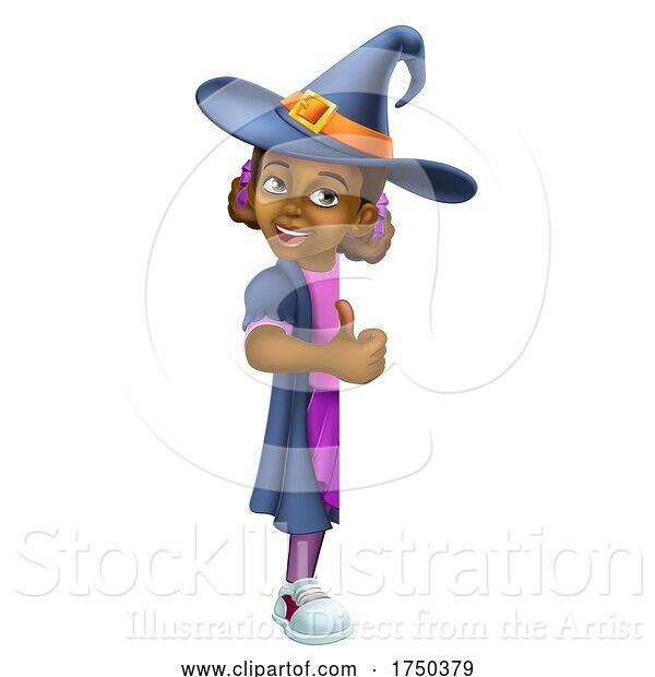 Vector Illustration of Black Girl Child Halloween Witch Sign