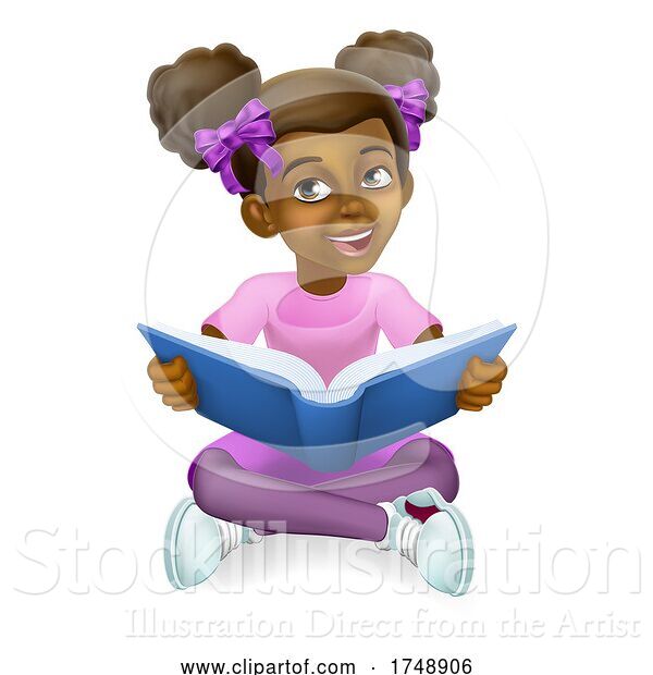 Vector Illustration of Black Girl Child Kid Reading Book