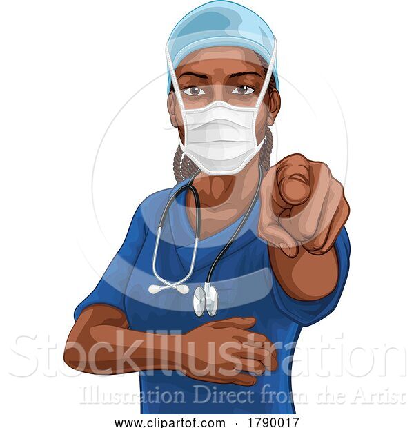 Vector Illustration of Black Lady Medical Doctor Nurse Pointing