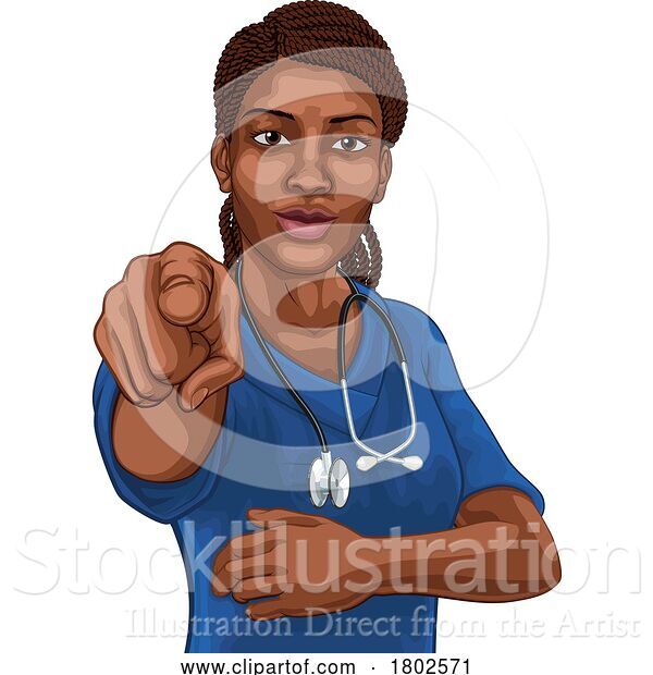 Vector Illustration of Black Lady Medical Doctor Nurse Pointing