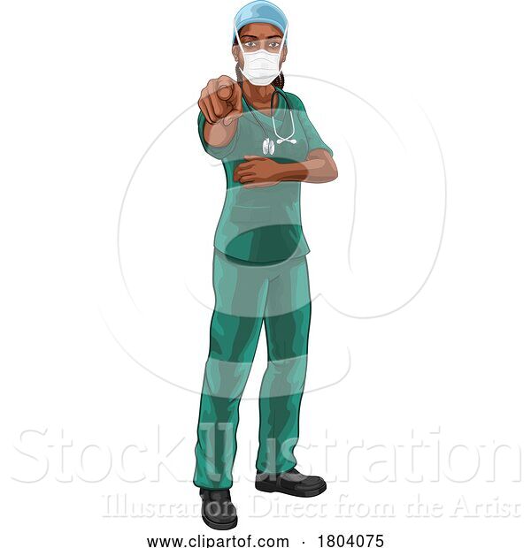 Vector Illustration of Black Lady Medical Doctor Nurse Pointing