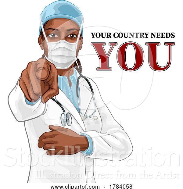 Vector Illustration of Black Lady Medical Doctor Pointing in Mask