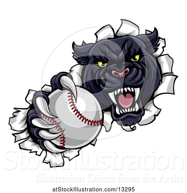 Vector Illustration of Black Panther Mascot Breaking Through a Wall with a Baseball