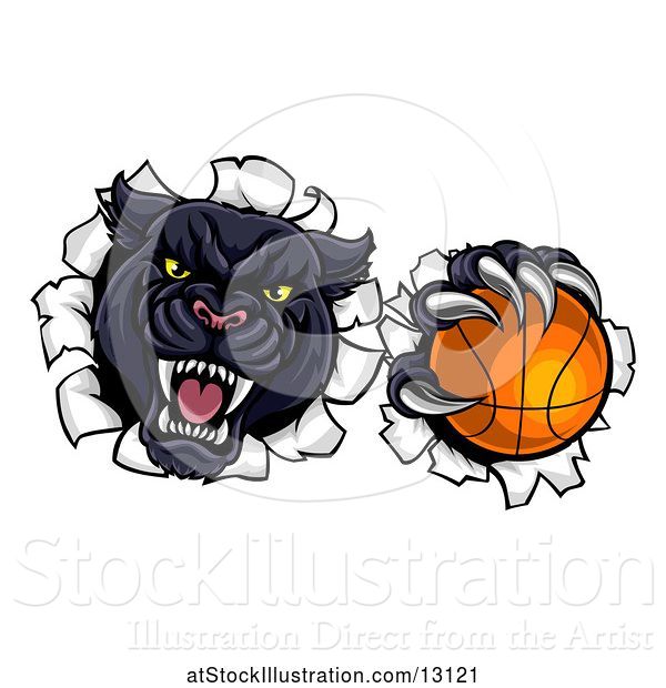 Vector Illustration of Black Panther Mascot Breaking Through a Wall with a Basketball