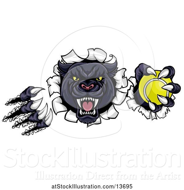 Vector Illustration of Black Panther Mascot Shredding Through a Wall with a Tennis Ball