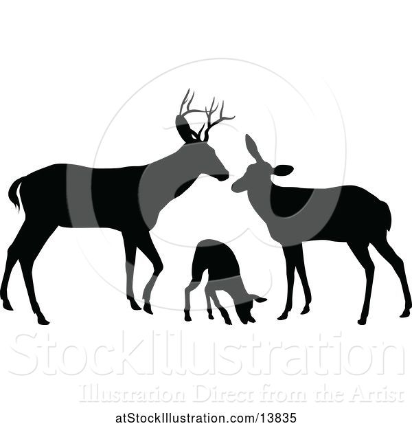 Vector Illustration of Black Silhouetted Deer Buck, Doe and Fawn