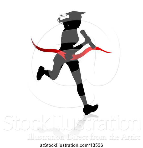 Vector Illustration of Black Silhouetted Female Graduate Running a Race, with a Shadow, Breaking Through a Red Finish Line Ribbon