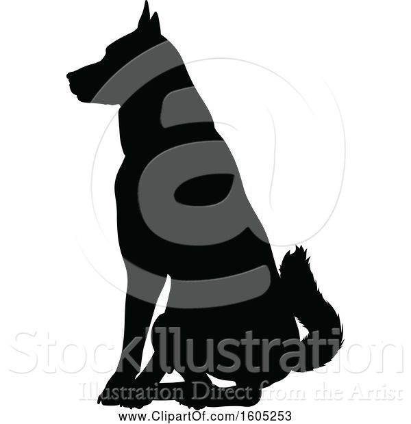 Vector Illustration of Black Silhouetted German Shepherd Dog Sitting