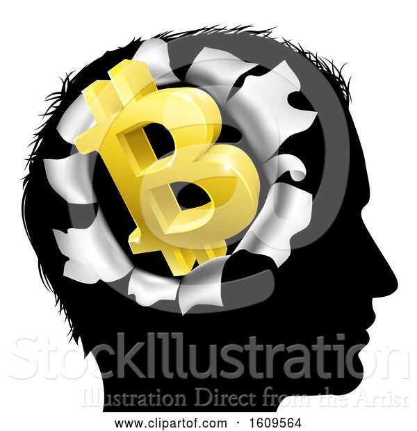 Vector Illustration of Black Silhouetted Guy's Head with a 3d Gold Bitcoin Symbol Breaking Out, Thinking About Money