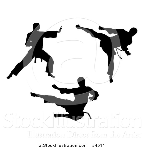 Vector Illustration of Black Silhouetted Karate and Martial Arts Men