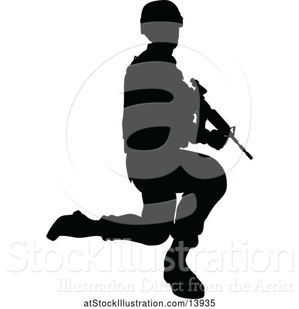 Vector Illustration of Black Silhouetted Male Armed Soldier