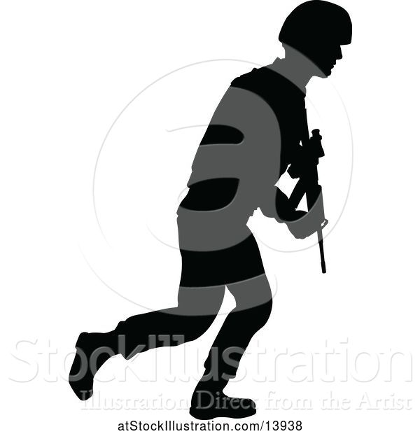 Vector Illustration of Black Silhouetted Male Armed Soldier