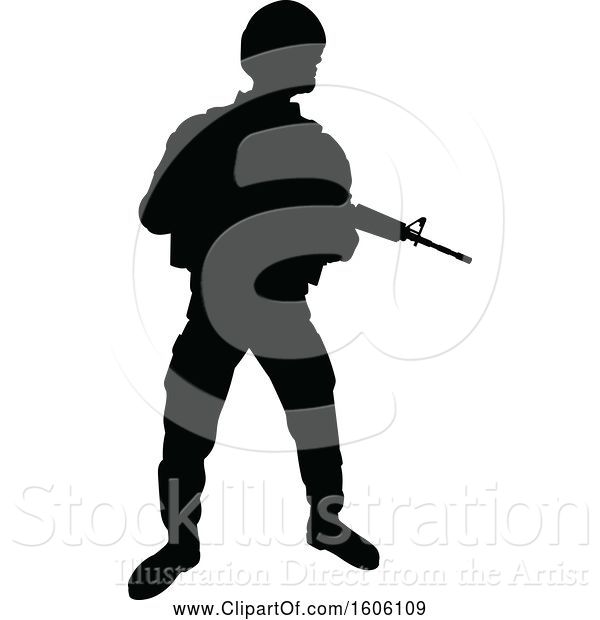 Vector Illustration of Black Silhouetted Male Armed Soldier