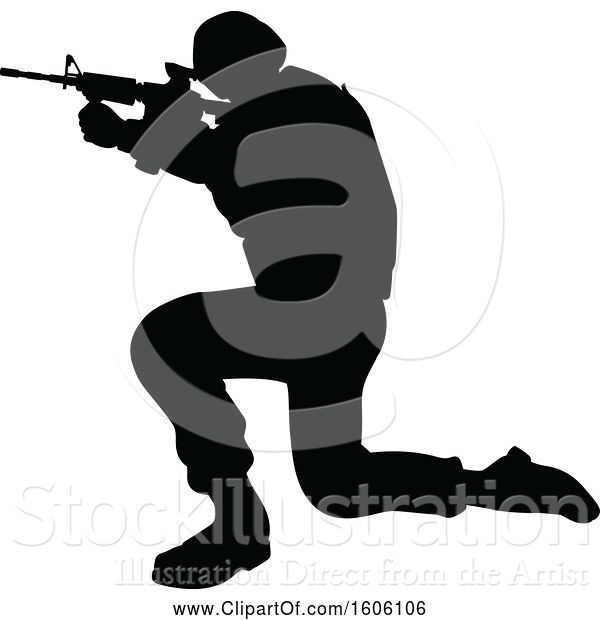 Vector Illustration of Black Silhouetted Male Armed Soldier