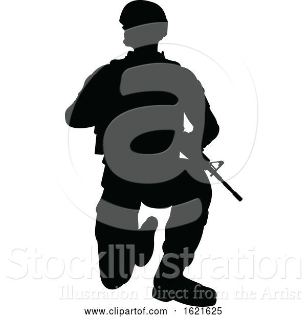 Vector Illustration of Black Silhouetted Male Armed Soldier