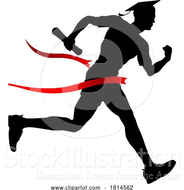 Vector Illustration of Black Silhouetted Male Graduate Breaking Through a Red Finish Line