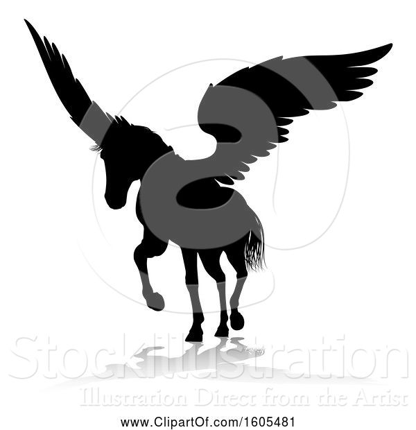 Vector Illustration of Black Silhouetted Pegasus Horse, with a Reflection or Shadow, on a White Background