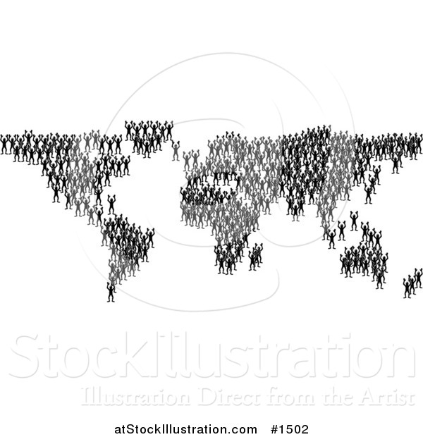 Vector Illustration of Black Silhouetted People Crowding Together and Forming the Global Continents