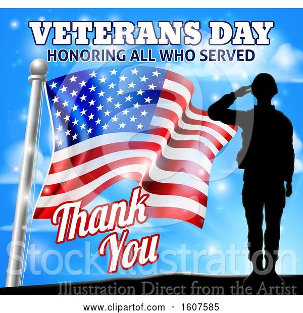 Vector Illustration of Black Silhouetted Saluting Soldier with an American Flag and Sky, with Text