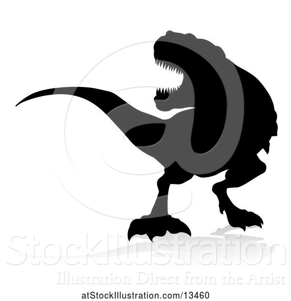 Vector Illustration of Black Silhouetted Tyrannossaurus Rex Dinosaur, with a Shadow on a White Background