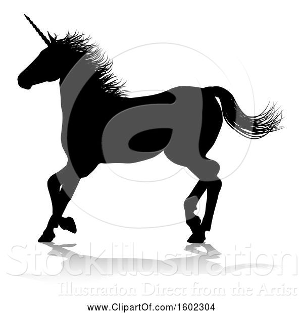 Vector Illustration of Black Silhouetted Unicorn Horse, with a Reflection or Shadow, on a White Background