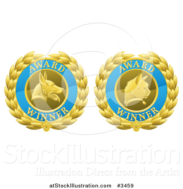 Vector Illustration of Blue and Gold Winner Cat and Dog Laurel Wreath Pet Award Medals