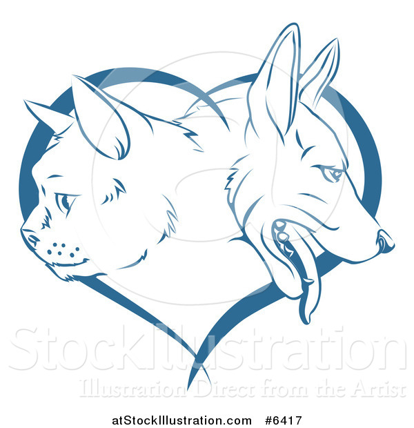 Vector Illustration of Blue Cat and Dog Faces in Profile over a Heart