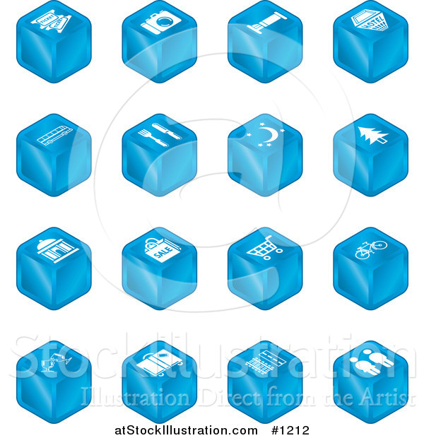 Vector Illustration of Blue Cube Icons: Tickets, Camera, Bed, Hotel, Bus, Restaurant, Moon, Tree, Building, Shopping Bags, Shopping Cart, Bike, Wine Glasses, Luggage, Train Tracks, Road, and Restrooms