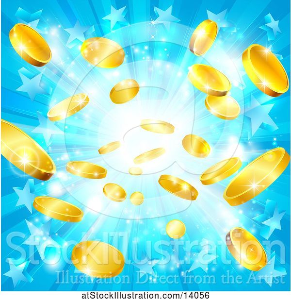 Vector Illustration of Blue Explosion of Stars and Gold Coins