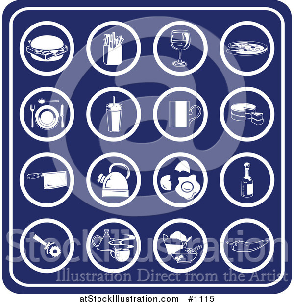 Vector Illustration of Blue Food Icons Including a Hamburger, French Fries, Wine, Pizza, Table Setting, Milkshake, Coffee, Cake, Knife, Teapot, Eggs, Oil, Pizza Cutter, Chinese Takeout and Peppers