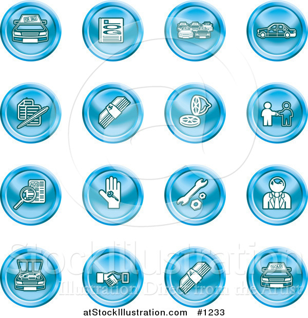 Vector Illustration of Blue Icons: Cars, a Log, Cash, Lemon, Dealer, Ads, Key, Wrench, Engine, Handshake and Money