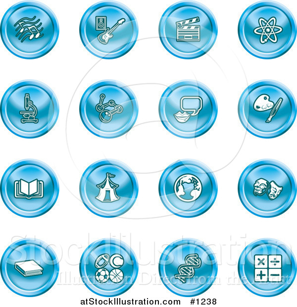 Vector Illustration of Blue Icons: Music Notes, Guitar, Clapperboard, Atom, Microscope, Atoms, Messenger, Painting, Book, Circus Tent, Globe, Masks, Sports Balls, and Math
