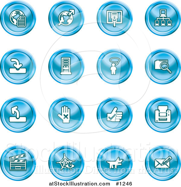 Vector Illustration of Blue Icons: Www, Connectivity, Networking, Upload, Downloads, Computers, Messenger, Printing, Clapperboard and Email