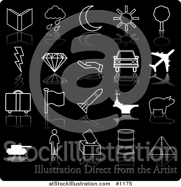 Vector Illustration of Book, Rain Cloud, Crescent Moon, Sunshine, Tree, Lightning Bolt, Diamond, Hand, Car, Airplane, Luggage, Flag, Rocket, Aircraft Carrier, Person, and Roadway, on a Black Background