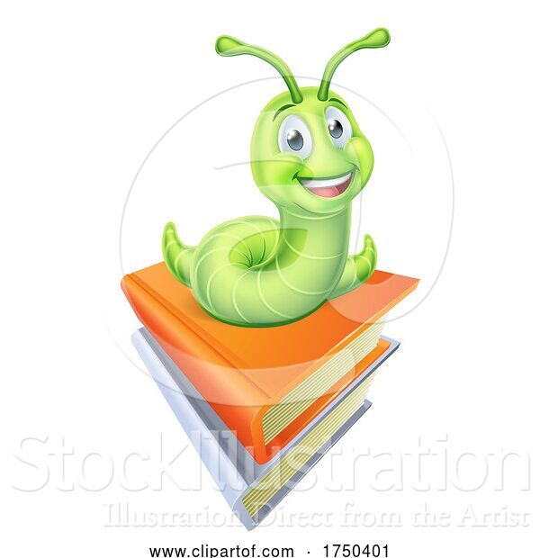 Vector Illustration of Bookworm Caterpillar Worm on Book Pile