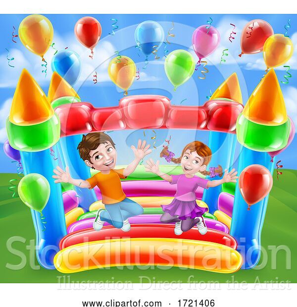 Vector Illustration of Bouncy House Castle Jumping Girl Boy Children