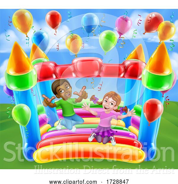 Vector Illustration of Bouncy House Castle Jumping Girl Boy Children