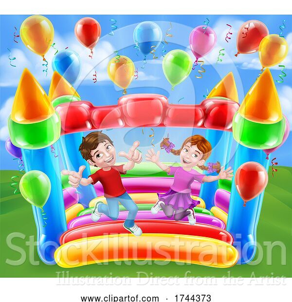 Vector Illustration of Bouncy House Castle Jumping Girl Boy Children