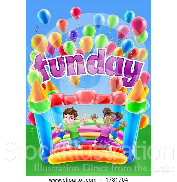 Vector Illustration of Bouncy House Castle Jumping Girl Boy Children