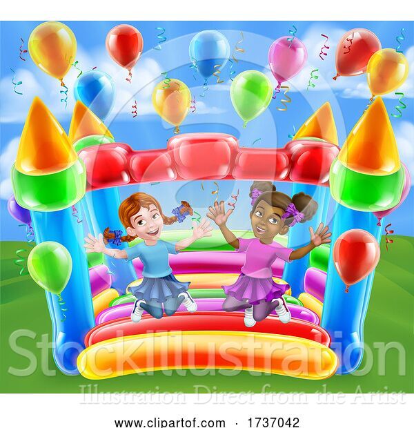 Vector Illustration of Bouncy House Castle Jumping Girls Children