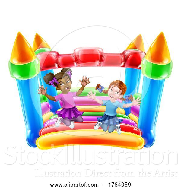Vector Illustration of Bouncy House Castle Jumping Girls Children