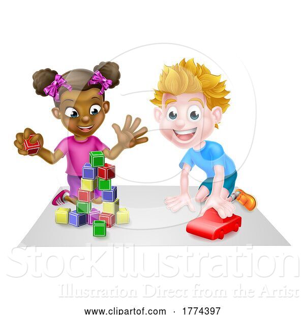 Vector Illustration of Boy and Girl Playing with Car and Blocks