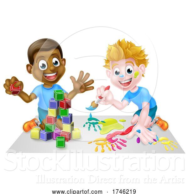 Vector Illustration of Boys Playing with Blocks and Painting