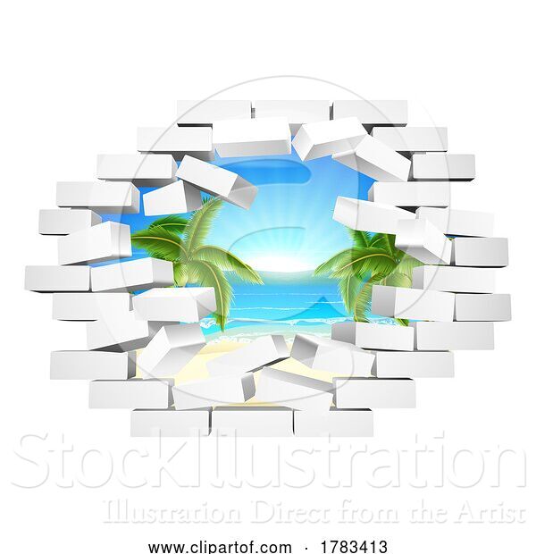 Vector Illustration of Brick Wall Breaking Beach Behind Freedom Concept