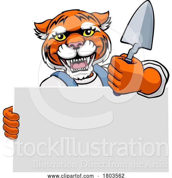 Vector Illustration of Bricklayer Tiger Trowel Tool Handyman Mascot