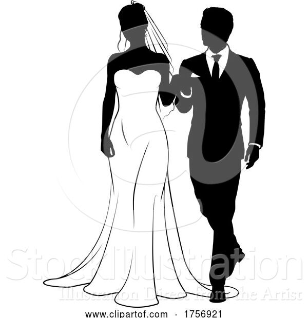 Vector Illustration of Bride and Groom Couple Wedding Dress Silhouettes