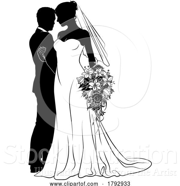 Vector Illustration of Bride and Groom Couple Wedding Dress Silhouettes