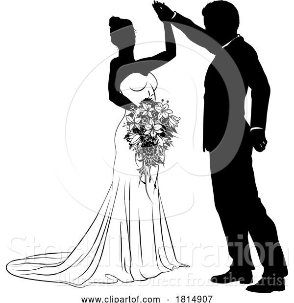 Vector Illustration of Bride and Groom Couple Wedding Dress Silhouettes