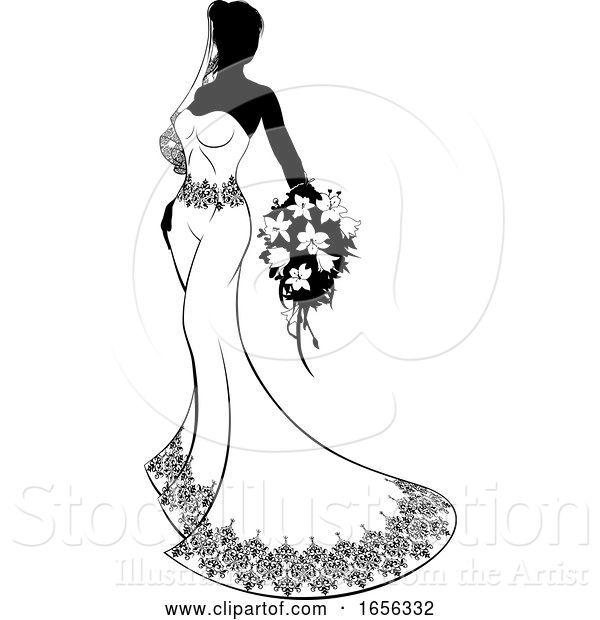 Vector Illustration of Bride Silhouette with Wedding Bouquet